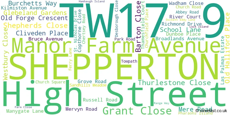 A word cloud for the TW17 9 postcode